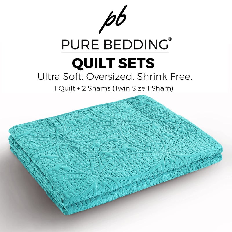 Pure Bedding Quilt Set King/Cal King/California King Size Aqua - Oversized Bedspread - Soft Microfiber Lightweight Coverlet for All Season - 3 Piece Includes 1 Quilt and 2 Shams, Geometric Pattern - Image 5